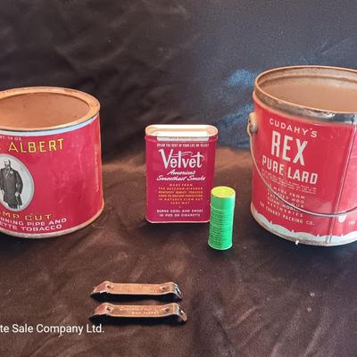 Antique lard tin - Velvet tobacco - Prince Albert tins with Doan's pills and two metal can openers