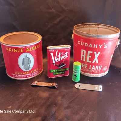 Antique lard tin - Velvet tobacco - Prince Albert tins with Doan's pills and two metal can openers
