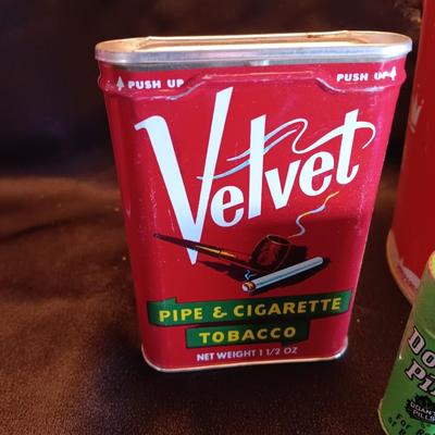 Antique lard tin - Velvet tobacco - Prince Albert tins with Doan's pills and two metal can openers