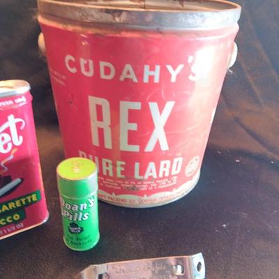 Antique lard tin - Velvet tobacco - Prince Albert tins with Doan's pills and two metal can openers
