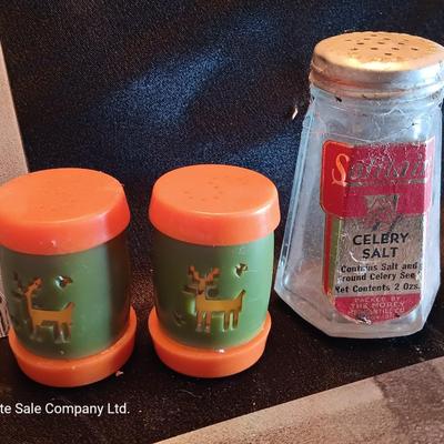 Metal laser art etched tin tiles with salt & pepper and an old celery salt jar