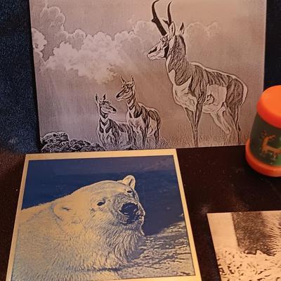 Metal laser art etched tin tiles with salt & pepper and an old celery salt jar