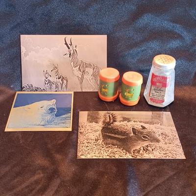 Metal laser art etched tin tiles with salt & pepper and an old celery salt jar
