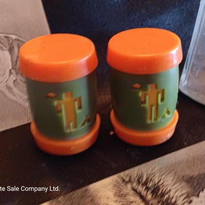 Metal laser art etched tin tiles with salt & pepper and an old celery salt jar