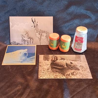 Metal laser art etched tin tiles with salt & pepper and an old celery salt jar