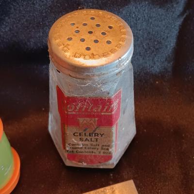 Metal laser art etched tin tiles with salt & pepper and an old celery salt jar