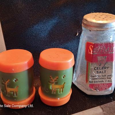 Metal laser art etched tin tiles with salt & pepper and an old celery salt jar