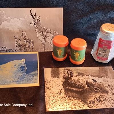 Metal laser art etched tin tiles with salt & pepper and an old celery salt jar