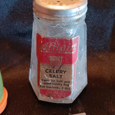 Metal laser art etched tin tiles with salt & pepper and an old celery salt jar