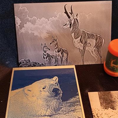 Metal laser art etched tin tiles with salt & pepper and an old celery salt jar