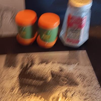 Metal laser art etched tin tiles with salt & pepper and an old celery salt jar