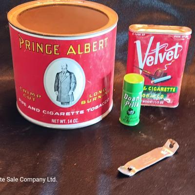 Price albert container with Velvet tobacco tin and Don's pills tin