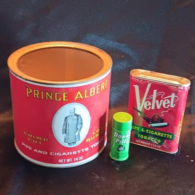 Price albert container with Velvet tobacco tin and Don's pills tin