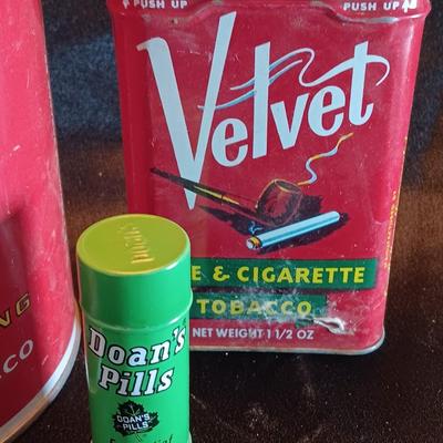 Price albert container with Velvet tobacco tin and Don's pills tin