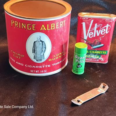 Price albert container with Velvet tobacco tin and Don's pills tin