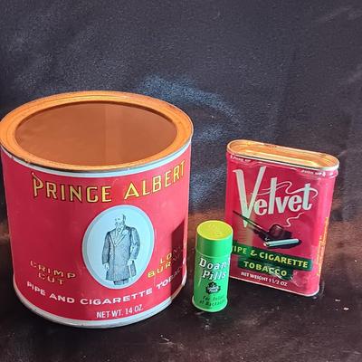 Price albert container with Velvet tobacco tin and Don's pills tin