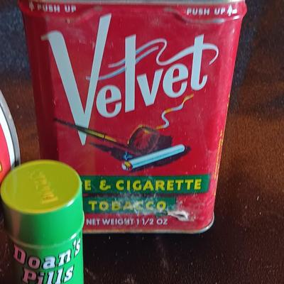 Price albert container with Velvet tobacco tin and Don's pills tin