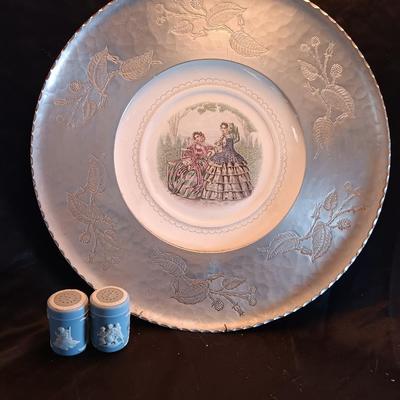 Wrought Farberware Aluminum plate frame platter with salt & pepper shakers