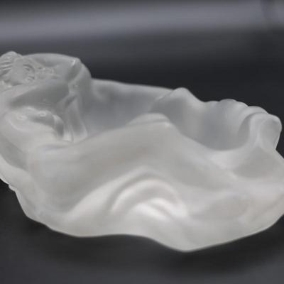 Vintage Czech Art Deco Glass Frosted Nude Woman Heavy Ashtray