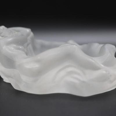 Vintage Czech Art Deco Glass Frosted Nude Woman Heavy Ashtray