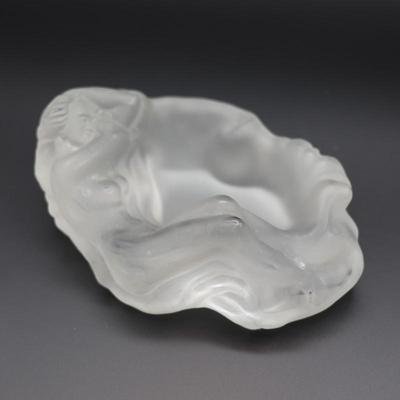Vintage Czech Art Deco Glass Frosted Nude Woman Heavy Ashtray