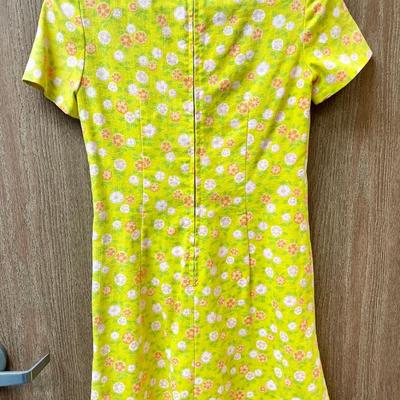 Vintage Mini Dress 60's Era Floral Print on Bright Yellow form fitting short dress