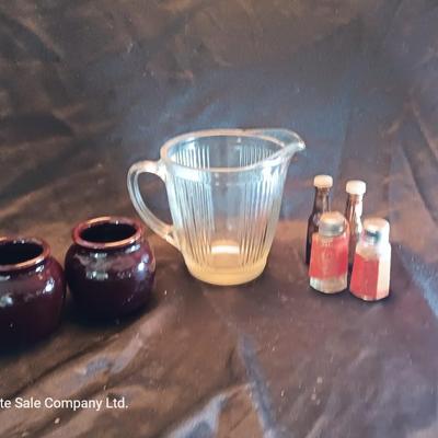 Vintage small glass pitcher with two crock like bowls and salt & pepper shakers