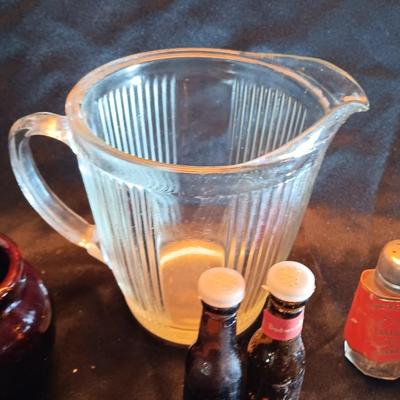 Vintage small glass pitcher with two crock like bowls and salt & pepper shakers