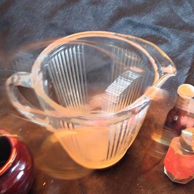 Vintage small glass pitcher with two crock like bowls and salt & pepper shakers