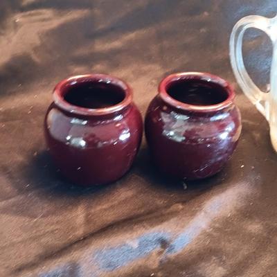 Vintage small glass pitcher with two crock like bowls and salt & pepper shakers