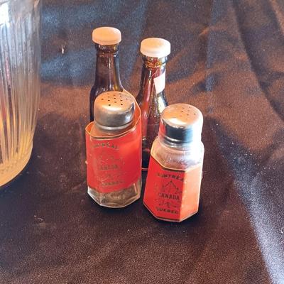 Vintage small glass pitcher with two crock like bowls and salt & pepper shakers