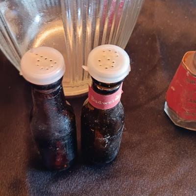 Vintage small glass pitcher with two crock like bowls and salt & pepper shakers
