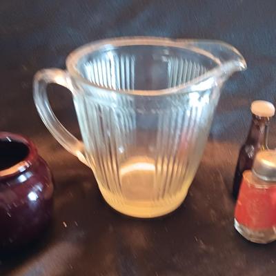 Vintage small glass pitcher with two crock like bowls and salt & pepper shakers