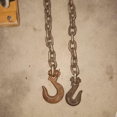 Vintage car creeper - tow chain with two steel hooks - and a set of tire chains