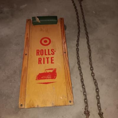 Vintage car creeper - tow chain with two steel hooks - and a set of tire chains
