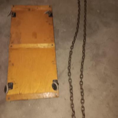 Vintage car creeper - tow chain with two steel hooks - and a set of tire chains