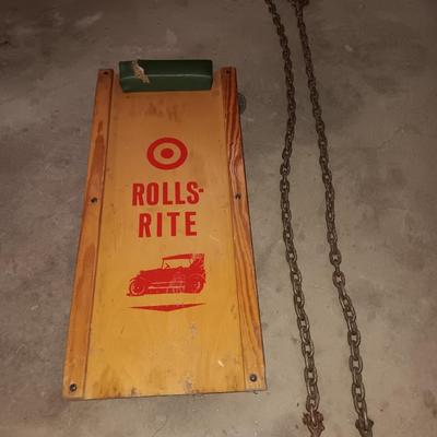 Vintage car creeper - tow chain with two steel hooks - and a set of tire chains