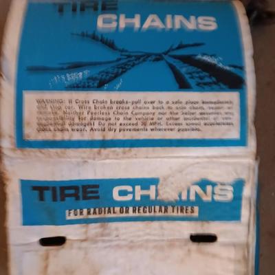 Vintage car creeper - tow chain with two steel hooks - and a set of tire chains