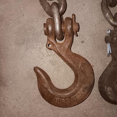 Vintage car creeper - tow chain with two steel hooks - and a set of tire chains