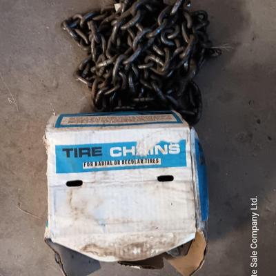 Vintage car creeper - tow chain with two steel hooks - and a set of tire chains