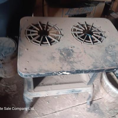 Antique early 1900's kerosene two burner stove with glass kerosene bottle