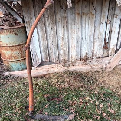 Antique wooden handled scythe with two handles