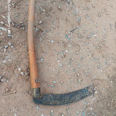 Antique wooden handled scythe with two handles