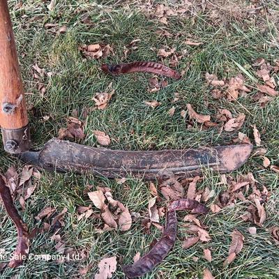 Antique wooden handled scythe with two handles