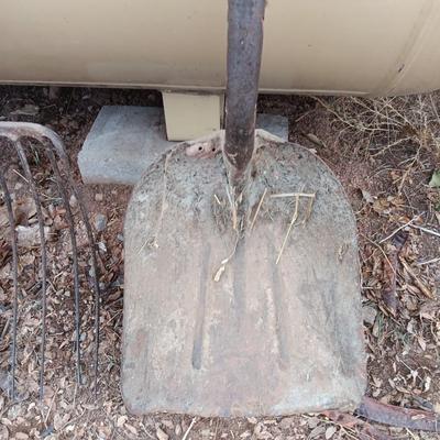 Vintage scoop shovel with antique pitch fork