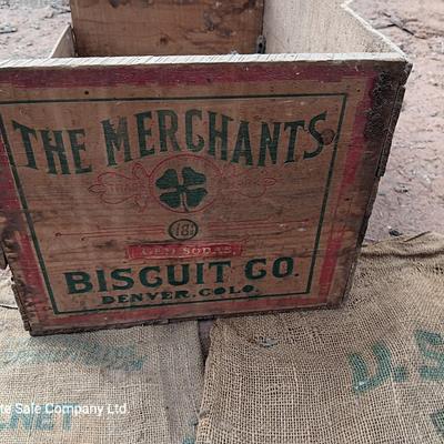 Vintage "The merchants Biscuit co. Denver colorado wooden crate with two Gunnie sacks