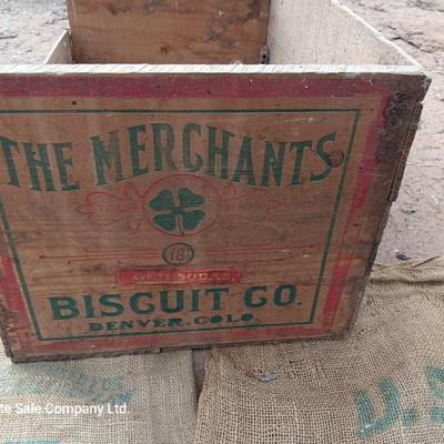 Vintage "The merchants Biscuit co. Denver colorado wooden crate with two Gunnie sacks