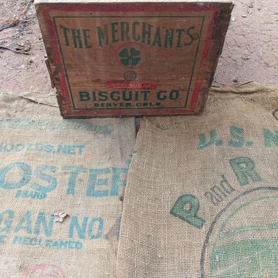 Vintage "The merchants Biscuit co. Denver colorado wooden crate with two Gunnie sacks