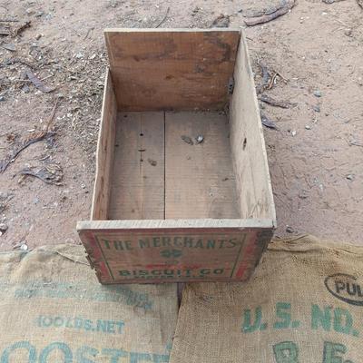 Vintage "The merchants Biscuit co. Denver colorado wooden crate with two Gunnie sacks