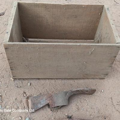 Wooden crate / Box with three vintage pickaxe heads - each a different style